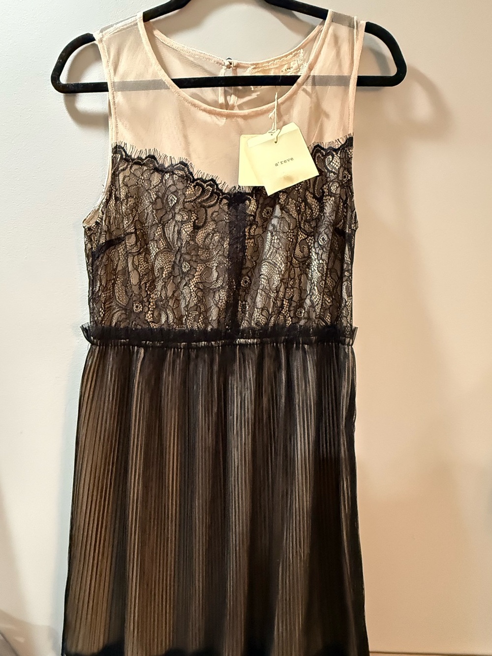 A'Reve Black Lace & Ivory Mesh Pleated Party Dress